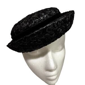 Vintage black straw pillbox hat by Winkelman’s velvet hatband upturned brim
